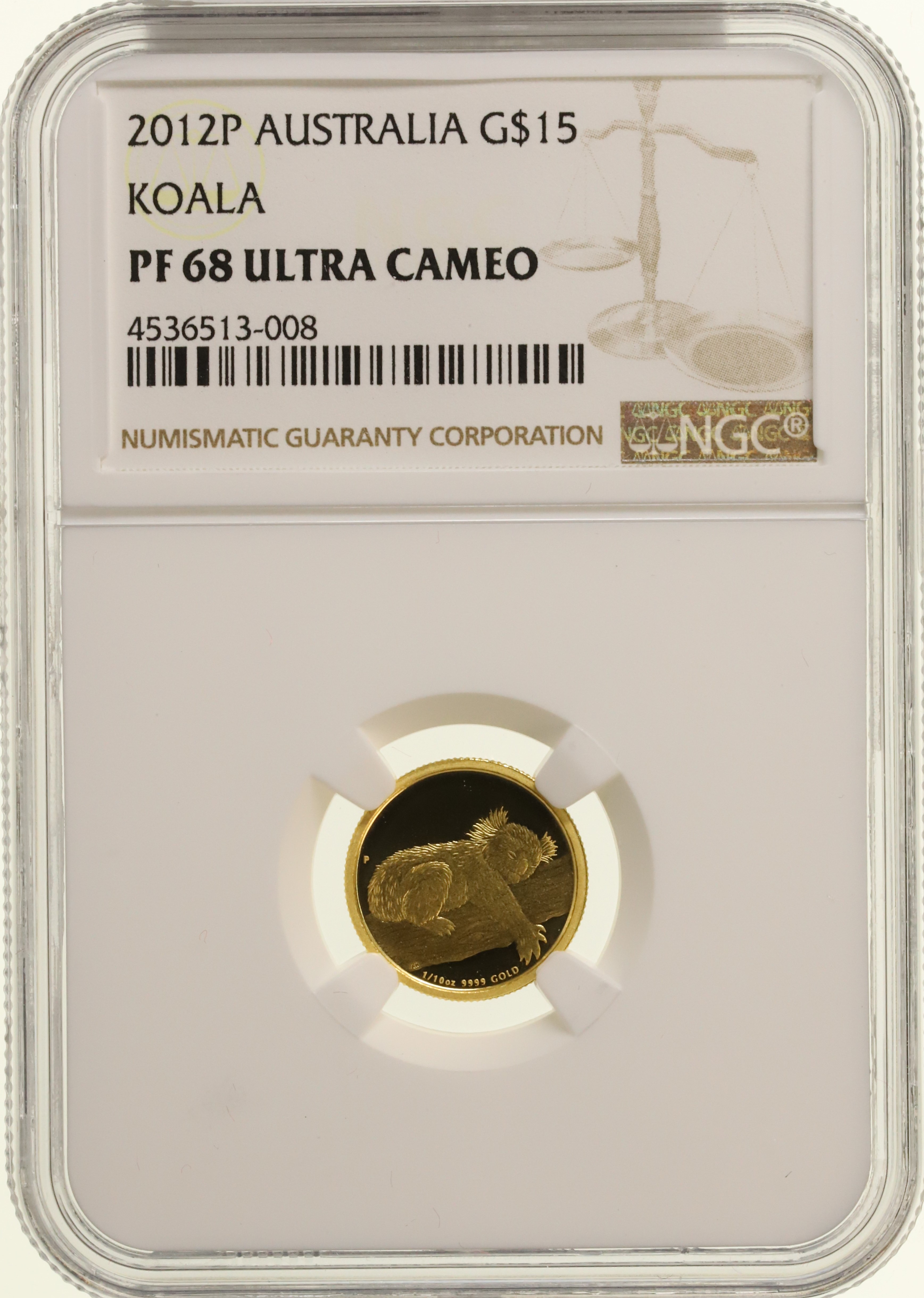 オーストラリア 2012年プルーフ純金貨 コアラ 15ドル 1/10Oz NGC 